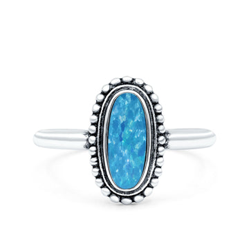 Vintage Style Oval Lab Opal Ring Solid Oxidized Lab Created Blue Opal 925 Sterling Silver